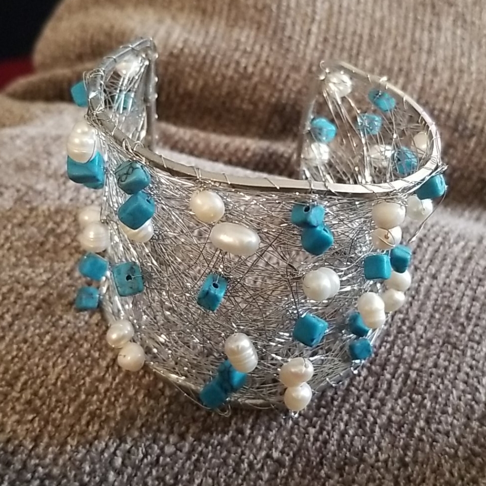 Nina Nguyen Wire Cuff Genuine Turquoise & Pearl. - Picture 9 of 10